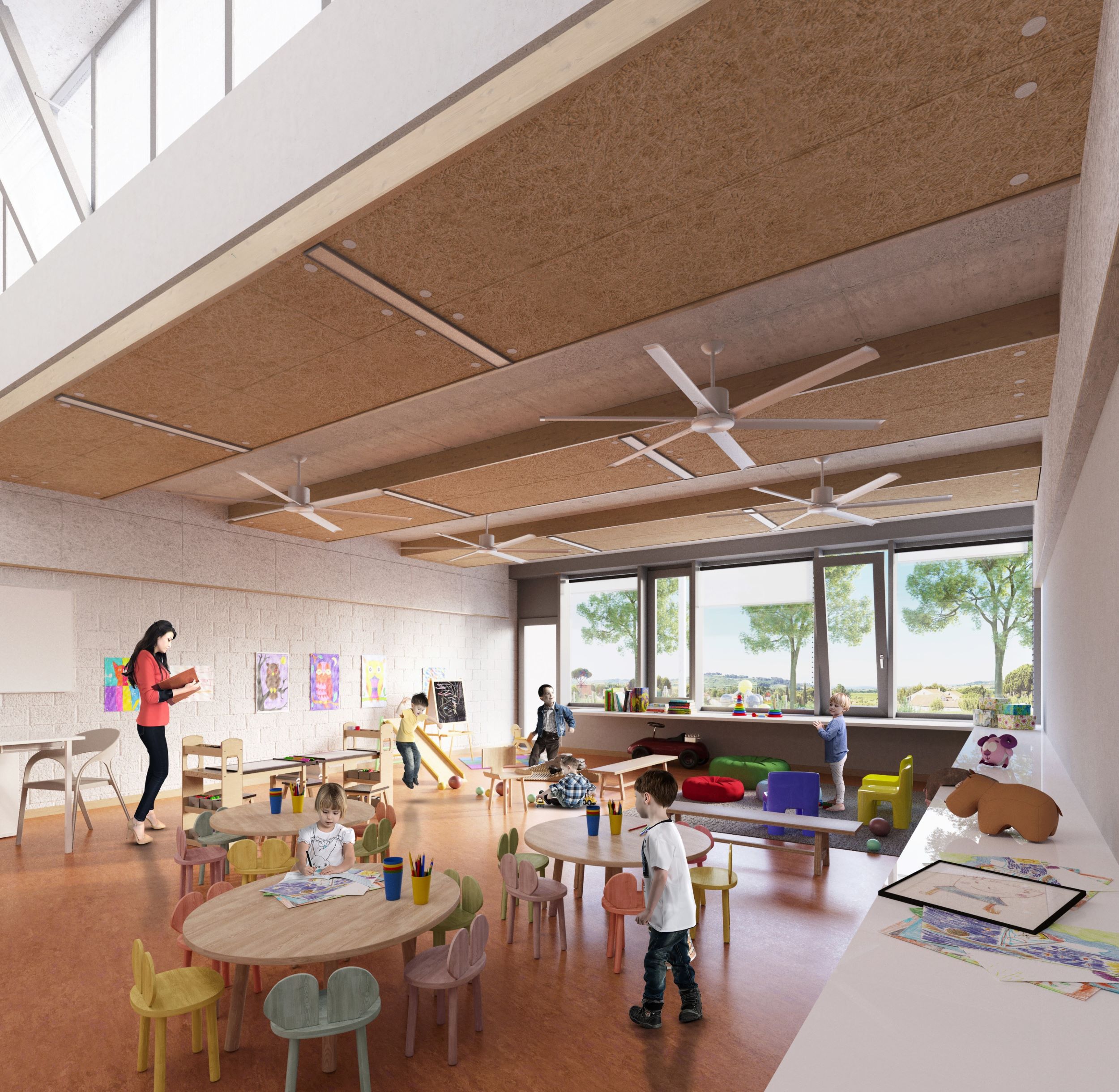 groupe scolaire Saint-Geniès-de-Fontedit : matières apparentes, ambiance apaisante et vue sur le paysage dans toutes les classes